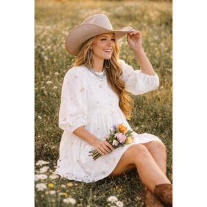 Klesis White Embroidered Babydoll Dress Sz M Western Prairie Cottagecore